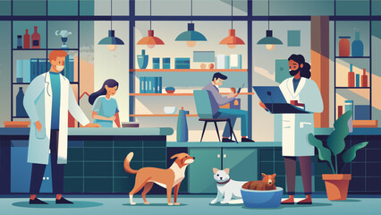 Modern Veterinary Clinic with Professional Veterinarians and Pets. Vector illustration of pet care professionals and animals. Medicine pet healthcare concept Design for poster, banner