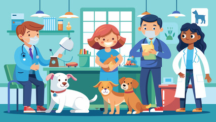 Cheerful Veterinary Staff Caring for Adorable Pets at Clinic. Vector illustration of pet care professionals and animals. Medicine pet healthcare concept Design for poster, banner