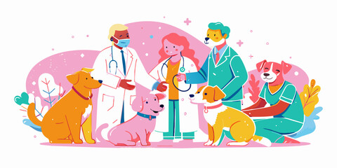 Cheerful Veterinarians. Colorful vector illustration of pet care professionals and animals. Veterinary medicine and pet healthcare concept. Design for poster, banner, veterinary clinic advertise