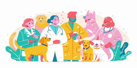 Veterinarians and happy dogs. Colorful vector illustration of pet care professionals and animals. Veterinary medicine and pet healthcare concept. Design for poster, banner, veterinary clinic advertise