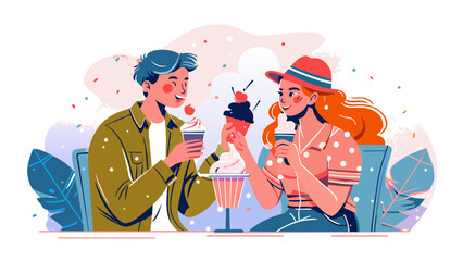 Cheerful Couple Enjoying Ice Cream Date at Diner Illustration.  Vector illustration of casual urban lunch. Dining in the city concept. Design for poster, banner, invitation. Place for text