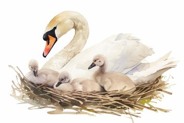 Serene swan nest with cygnets nestled in, soft feathers and gentle forms, detailed and nurturing, isolated on white background, watercolor - obrazy, fototapety, plakaty