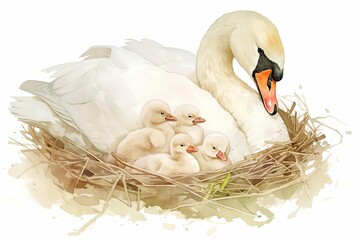 Serene swan nest with cygnets nestled in, soft feathers and gentle forms, detailed and nurturing, isolated on white background, watercolor