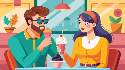 Stylish Couple Enjoying Milkshakes in Retro Diner.  Vector illustration of casual urban lunch. Dining in the city concept. Design for poster, banner, invitation. Place for text