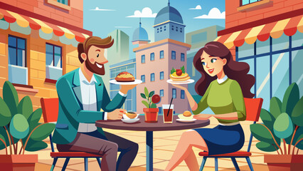 Cheerful Couple Enjoying Coffee and Desserts at a City Cafe Terrace.  Vector illustration of casual urban lunch. Dining in the city concept. Design for poster, banner, invitation. Place for text