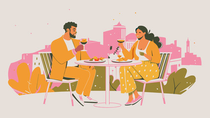 Romantic Dinner Date at Outdoor Cafe Illustration.  Vector illustration of casual urban lunch. Dining in the city concept. Design for poster, banner, invitation. Place for text