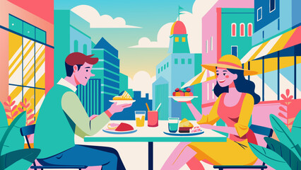 Vibrant Urban Cafe Scene with Young Couple Enjoying Brunch.  Vector illustration of casual urban lunch. Dining in the city concept. Design for poster, banner, invitation. Place for text