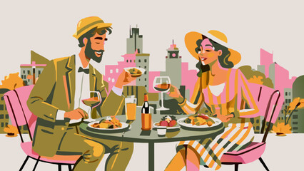 Elegant Couple Enjoying Outdoor Dining in Urban Setting.  Vector illustration of casual urban lunch. Dining in the city concept. Design for poster, banner, invitation. Place for text