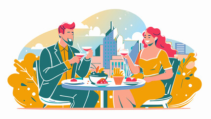 Stylish Couple Enjoying Romantic Cityscape Dinner.  Vector illustration of casual urban lunch. Dining in the city concept. Design for poster, banner, invitation. Place for text