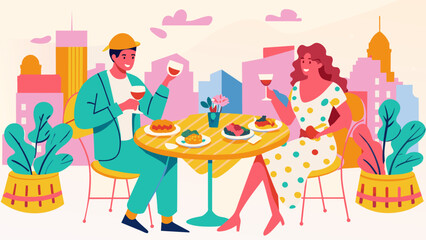 Urban Rooftop Dining Experience with Couple Enjoying Wine.  Vector illustration of casual urban lunch. Dining in the city concept. Design for poster, banner, invitation. Place for text