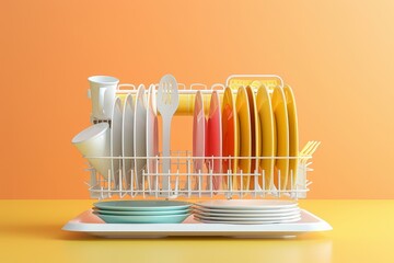 colorful dish rack with plates, forks, spoons, and cups - obrazy, fototapety, plakaty