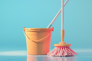 bucket and a mop are on a colorful surface