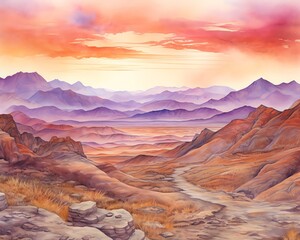 Sunset over rocky highlands, fiery oranges and purples casting dramatic shadows, vivid and detailed border, isolated on white background, watercolor
