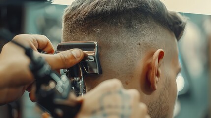 The barber using clippers to neatly shape the sides of the young man's hair.