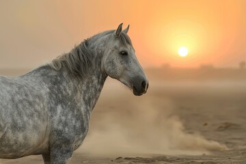 Obraz na płótnie Canvas Sunrise Serenade: Grey Horse Symphony of Freedom and Grace in the Desert Dust