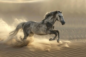 Obraz premium Gray Horse Leaping: Unchained Freedom in the Desert Sands