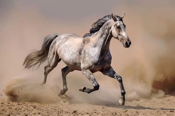 Fast and Furious: Grey Horse Charging through the Desert Scene