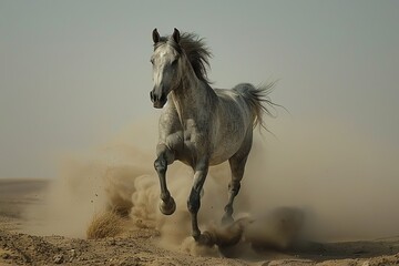 Grey Horse Leaping: Majestic Symbol of Untamed Freedom in the Desert Silence