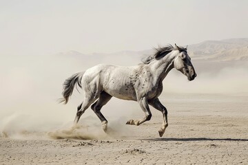 Naklejka na ściany i meble Galloping Grey Horse: Desert's Serene Spectacle of Dust and Freedom