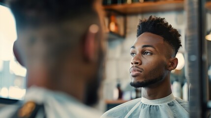 A portrait of a confident young man admiring his reflection after getting a crisp lineup from his favorite barber. 