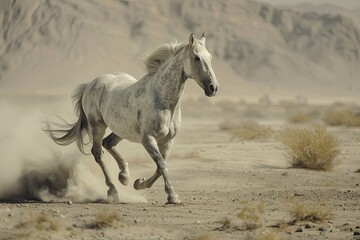 Grey Horse Spectacle: Unleashing Unbridled Beauty in the Desert's Tranquility