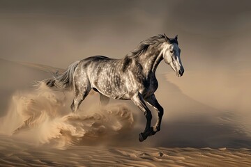 Majestic Grey Horse: Wild Desert Spirit in Rising Sun