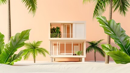 Fototapeta premium Geometric abstract house or hotel. Beach house or villa among palm trees. Summer vacation concept background with copy space