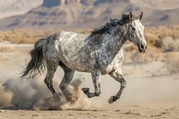Majestic Dust Dance: The Elegance of a Grey Horse's Desert Performance