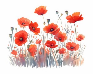 Vibrant poppies in a wildflower meadow, bright reds swaying in the breeze, detailed and freespirited, isolated on white background, watercolor