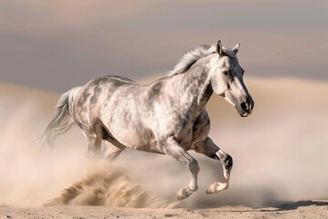 Grey Horse Freedom: Running Wild in Desert Splendor
