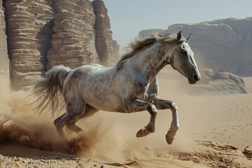 Fototapeta na wymiar Grey Horse Majesty: Wild Freedom Leap in the Desert Dust Cloud