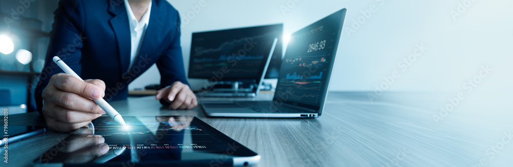 Aufkleber analysis and research investment plan of businessman, portfolio management on stock market and fund,