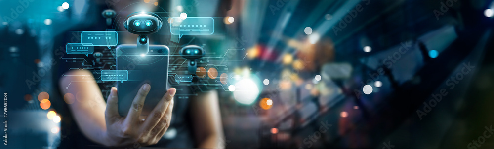 Aufkleber Woman use digital chatbot for provide access to data in online network, Robot application and global connection, Search, Online customer service. AI technology, Artificial intelligence.