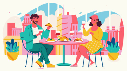 Joyful Couple Enjoying Dinner at a Romantic Outdoor Restaurant.  Vector illustration of casual urban lunch. Dining in the city concept. Design for poster, banner, invitation. Place for text