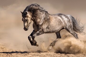 Obraz premium Majestic Grey Wild Horse Galloping Desert Landscape Freedom Strength.