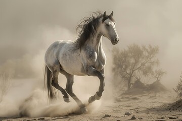 Obraz premium Majestic Grey Horse Rearing in Desert Dust Storm