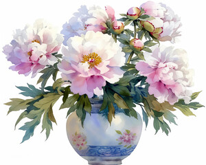 Vibrant peonies in a vase, lush blooms and rich colors, detailed in floral opulence, isolated on white background, watercolor