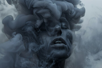 Silhouette of a girl against the background of dark magical smoke. - obrazy, fototapety, plakaty