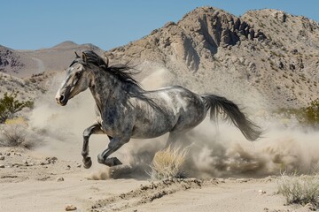 Wild Grey Horse Galloping: Surging Power and Freedom in the Desert