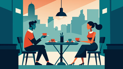 Urban Coffee Date: Stylish Couple at Modern Cafe Illustration.  Vector illustration of casual urban lunch. Dining in the city concept. Design for poster, banner, invitation. Place for text