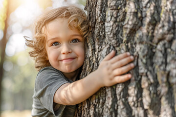 A young boy hugging a tree, saving the environment for the next generation concept