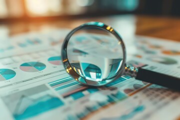 A magnifying glass amplifies details on a financial report with a calculator in the background, magnifying glass on financial data. business management concept, magnifying glass. Generated AI