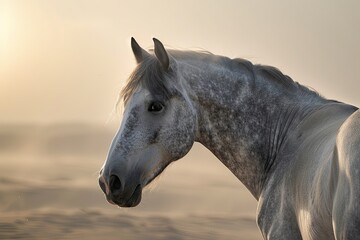 Obraz na płótnie Canvas Grey Horse at Sunrise: Serene Beauty in the Desert Light