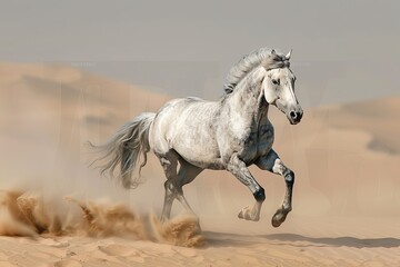 Grey Horse Galloping: Serene Desert Backdrop of Freedom and Natural Grace