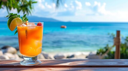 fresh juicy orange juice on the seashore selective focus