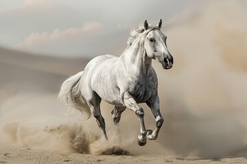 Majestic Grey Horse: Untamed Spirit Galloping in Desert Dust