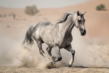 Galloping Guardian: The Wild Spirit of a Grey Horse Embodying Freedom in the Desert Dust