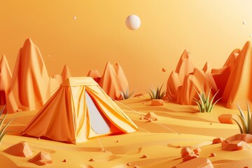 A small colorful tent is set up in the desert - obrazy, fototapety, plakaty
