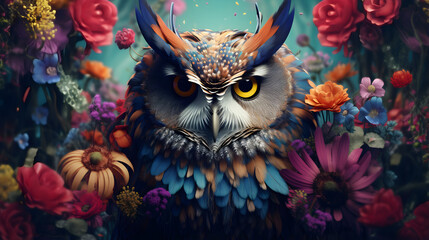 Image of owl surrounded by colorful flowers