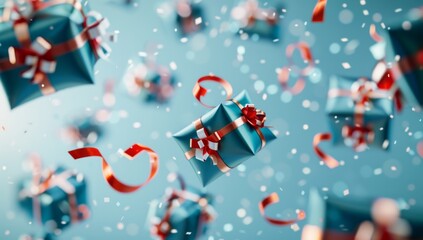 3d rendering of blue gift boxes with red and white ribbons flying in the air on light background